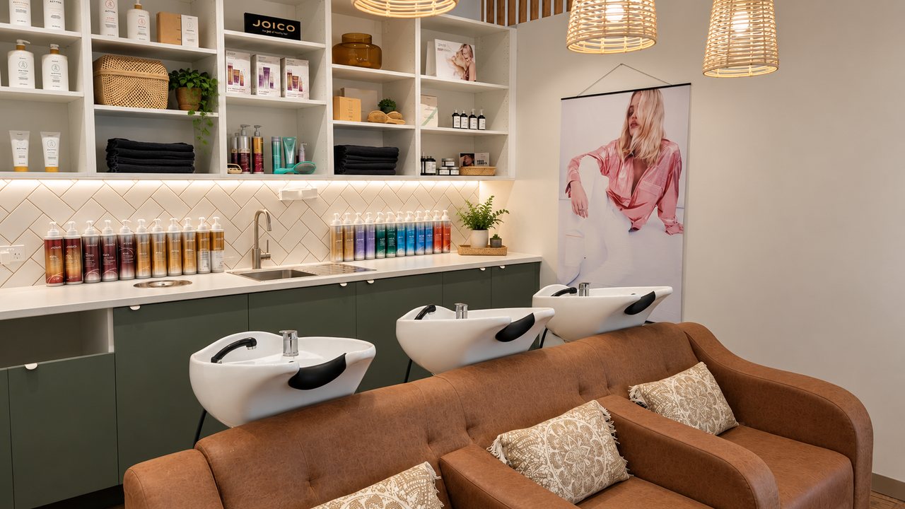 Three wash basins with green cabinetry, the product shelves above and a leather sofa in front