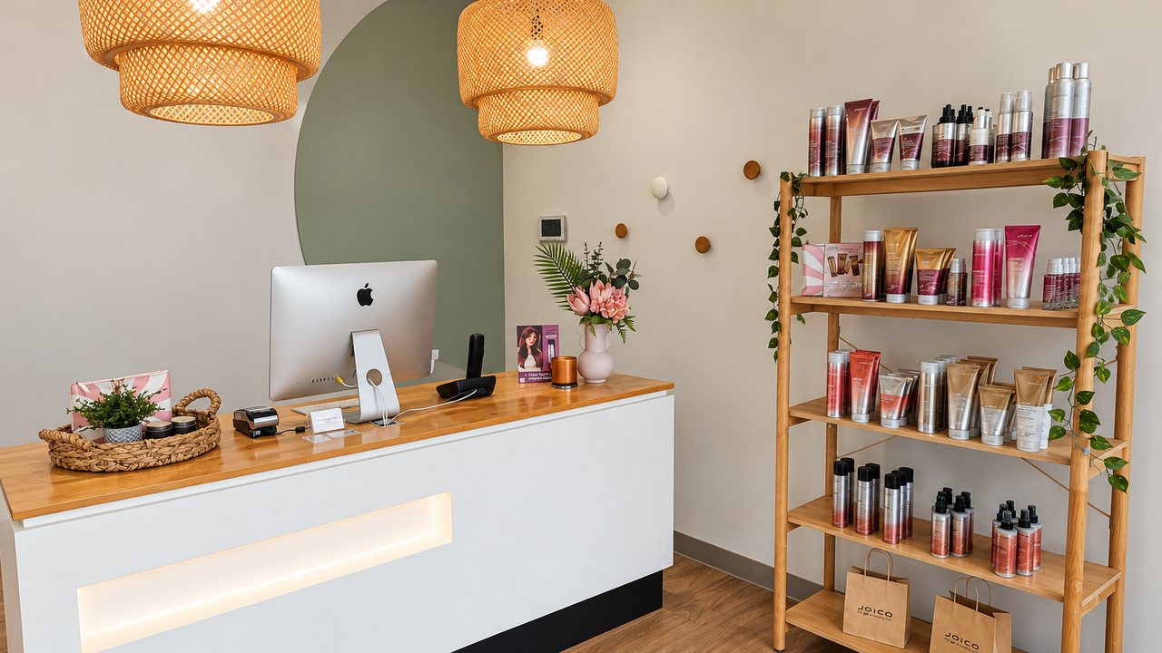 The reception desk under rattan pendant lights, with the Joico product shelf beside it