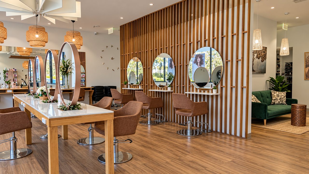 The styling floor: oval rose gold mirrors on an oak slat wall, tan chairs and a long white bench